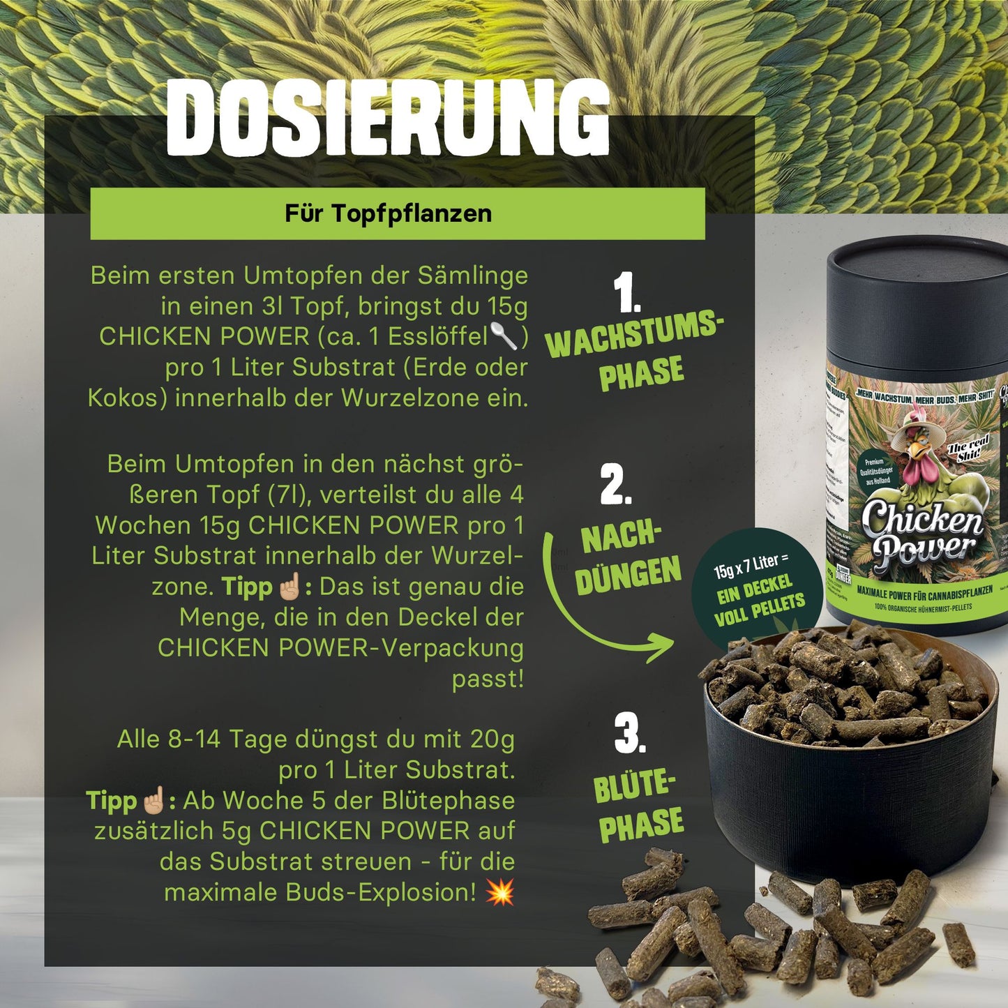 Diamond Buds® BIO All-in-One Cannabis Dünger Indoor & Outdoor – Organischer Grow & Bloom Langzeitdünger für 3–6 Cannabispflanzen, Wachstums- & Blütephase – 470g Hanfdünger mit Dosierbehälter