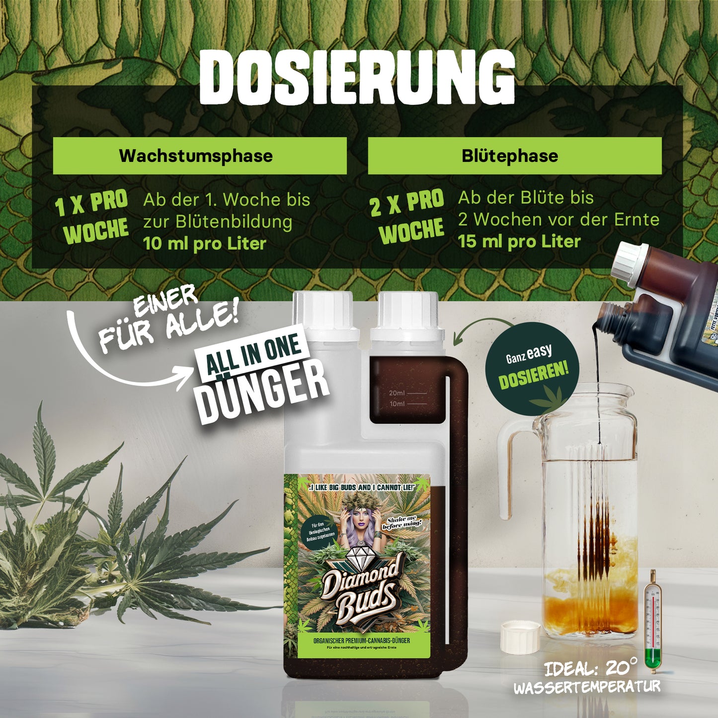 Diamond Buds® All In One Cannabis Dünger Indoor & Outdoor für Cannabis Pflanzen Wachstumsphase und Blütephase BIOlogischer organischer Grow & Bloom 500ml Hanfdünger mit Dosierbehälter