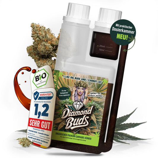 Diamond Buds® All In One Cannabis Dünger Indoor & Outdoor für Cannabis Pflanzen Wachstumsphase und Blütephase BIOlogischer organischer Grow & Bloom 500ml Hanfdünger mit Dosierbehälter