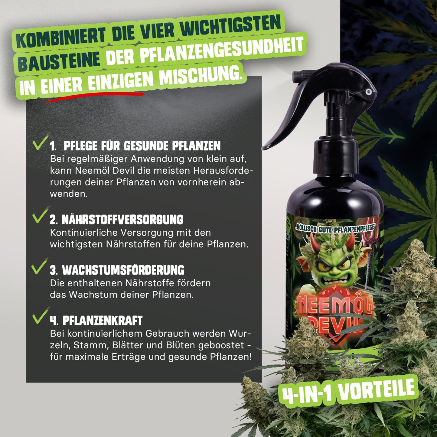 Bio Neemöl Devil® 500ml – Sprühfertige Pflanzenpflege | Extra starke 4-in-1 Mischung aus Neemöl, Rosmarinöl, Lemongrasöl & Brennesselextrakt | Natürlich, biologisch & sanft zur Pflanze