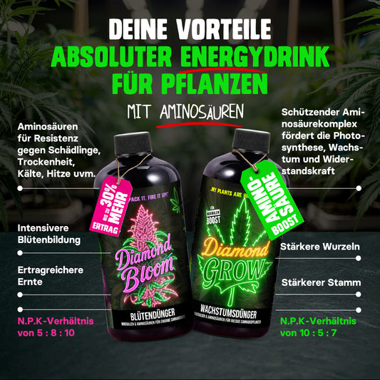 Diamond Buds® Growdünger Duo - Grow und Bloom Flüssig NPK Pflanzendünger für Indoor, Outdoor & Autoflower und Growbox geeignetes Blütendünger Anbau Set