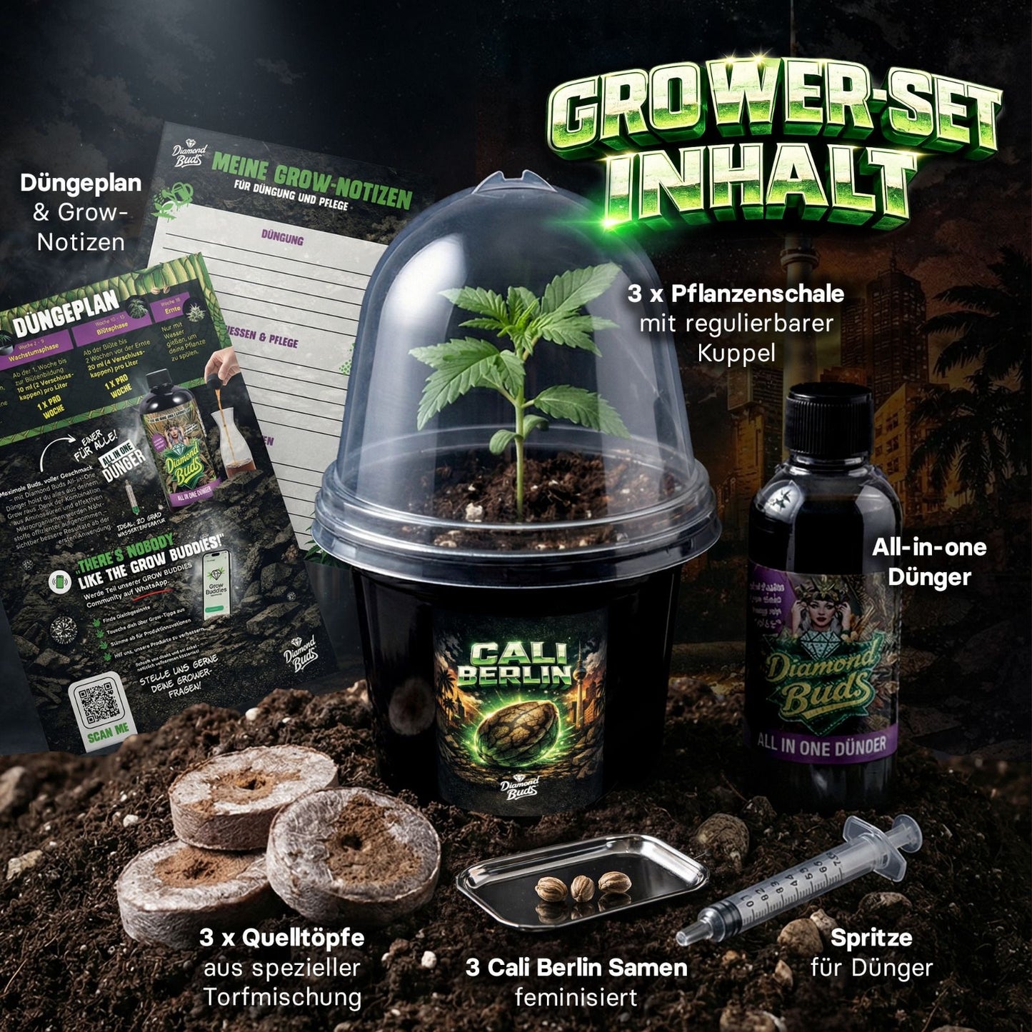 Cali Berlin Grower Set mit Pflanzenschalen Quelltoepfen Duenger und feminisierten Sammlersamen