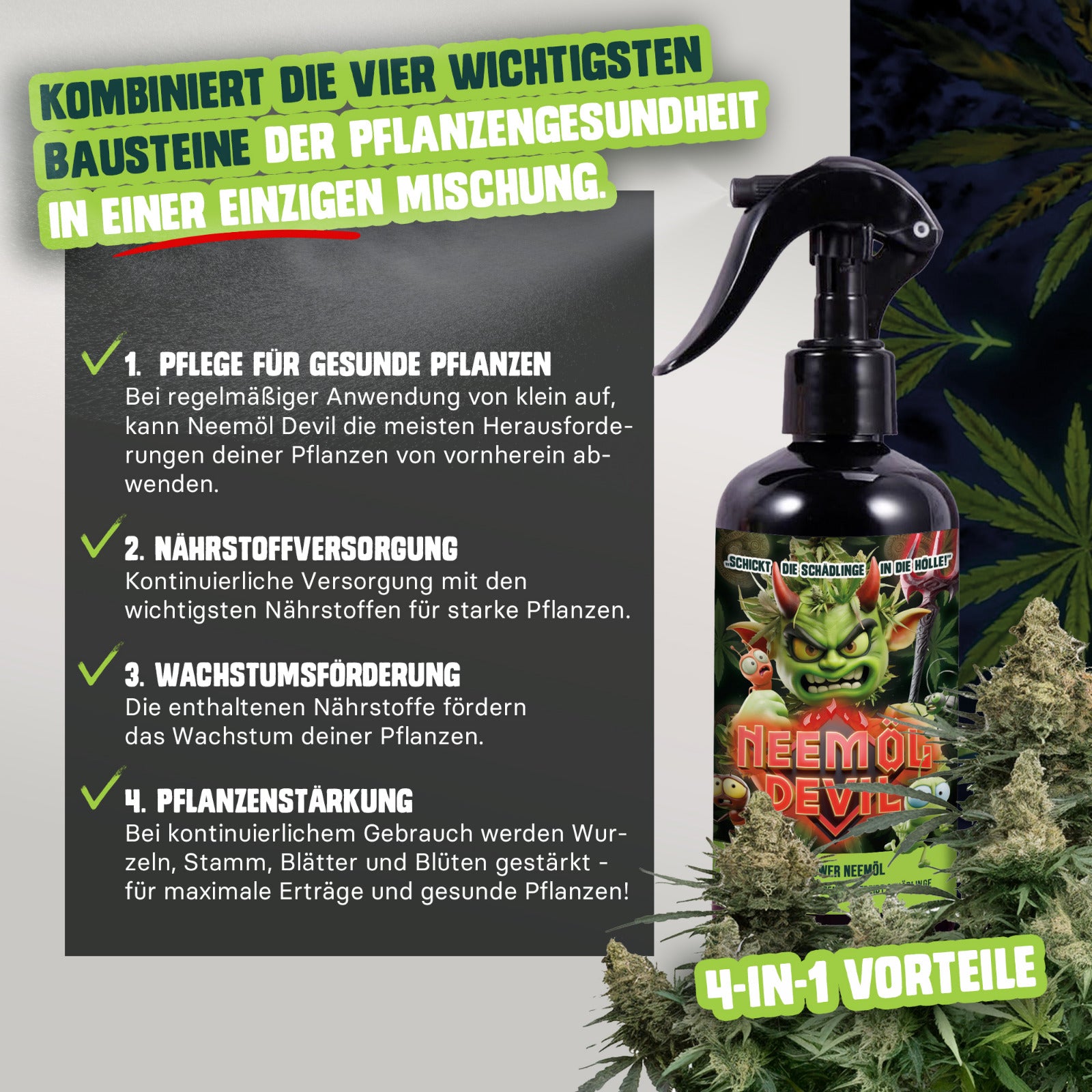 Neemöl Devil 4 in 1 Pflanzenpflege mit Neemöl Rosmarinöl Lemongrasöl und Brennnesselextrakt
