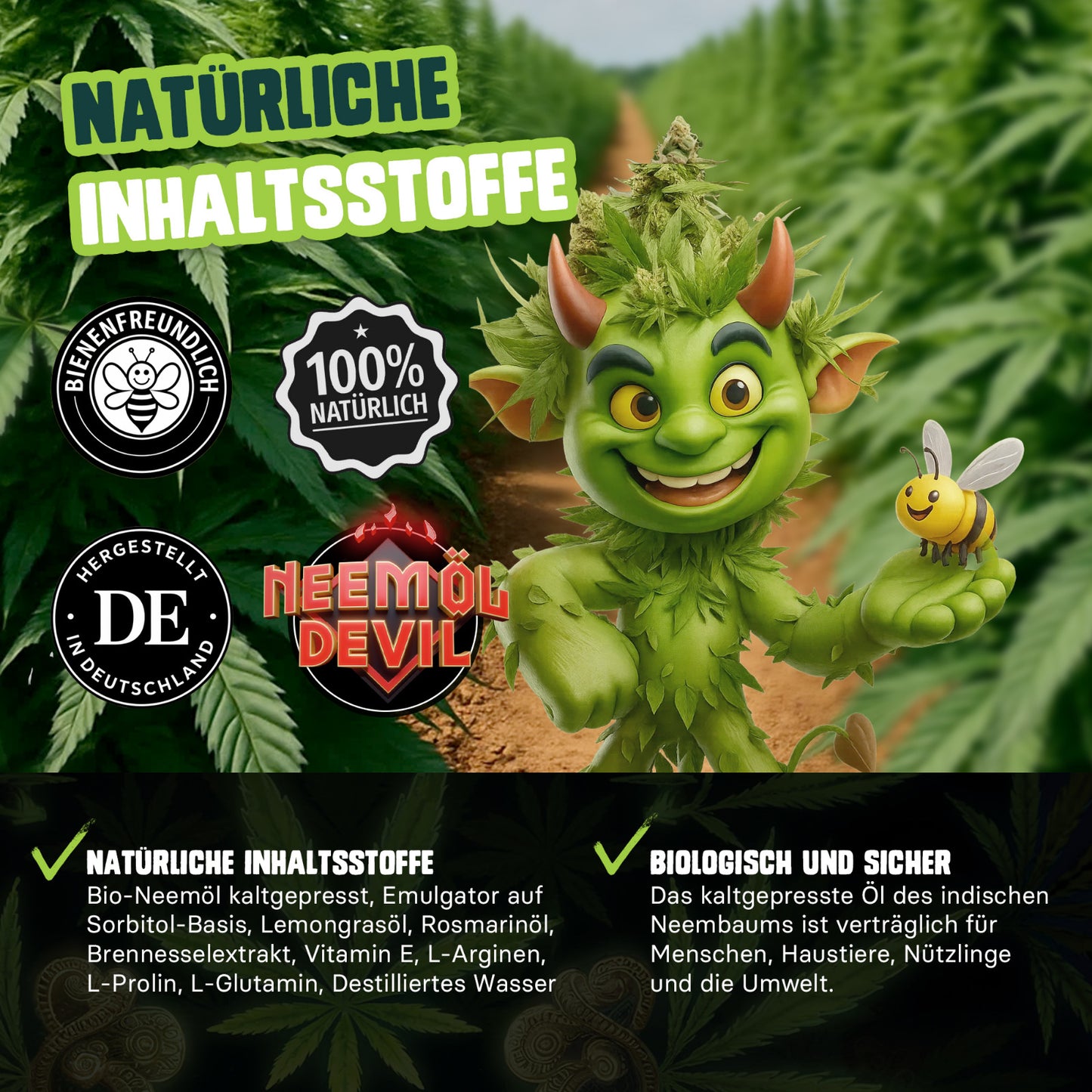Natürliche Inhaltsstoffe von Neemöl Devil mit Neemöl Rosmarinöl und Lemongrasöl